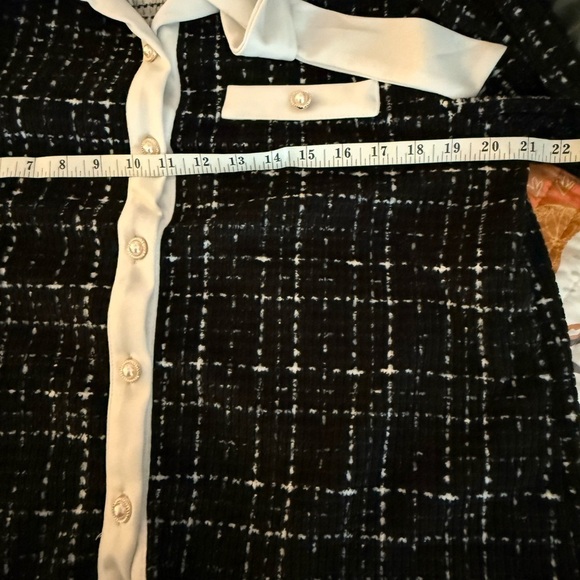 New LUXE TWEED Black + White BOUTIQUE Bow Tie-Neck Pearl Button Down Shirt XL - Picture 12 of 13